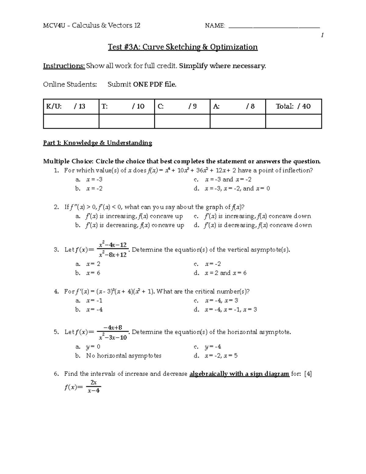 MCV4U Test#3A - Curve Sketching - 1 Test #3A: Curve Sketching ...