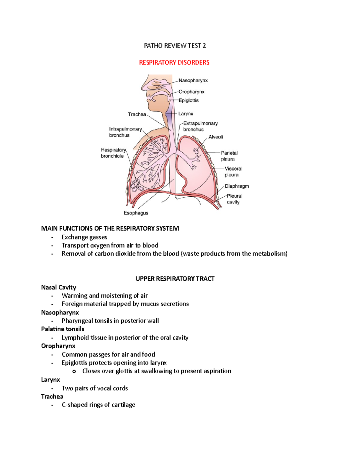 Patho Review TEST 2 - RESP - PATHO REVIEW TEST 2 RESPIRATORY DISORDERS ...