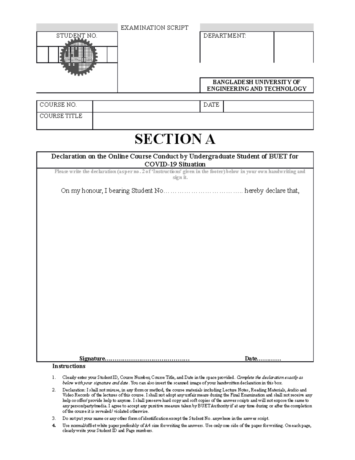 first projectghghgfh - EXAMINATION SCRIPT STUDENT NO. DEPARTMENT ...