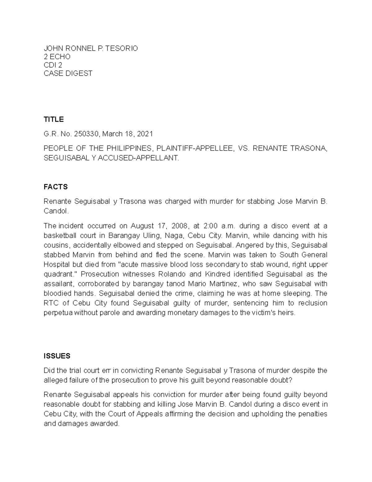Casedigest - Case digest LEA - JOHN RONNEL P. TESORIO 2 ECHO CDI 2 CASE ...