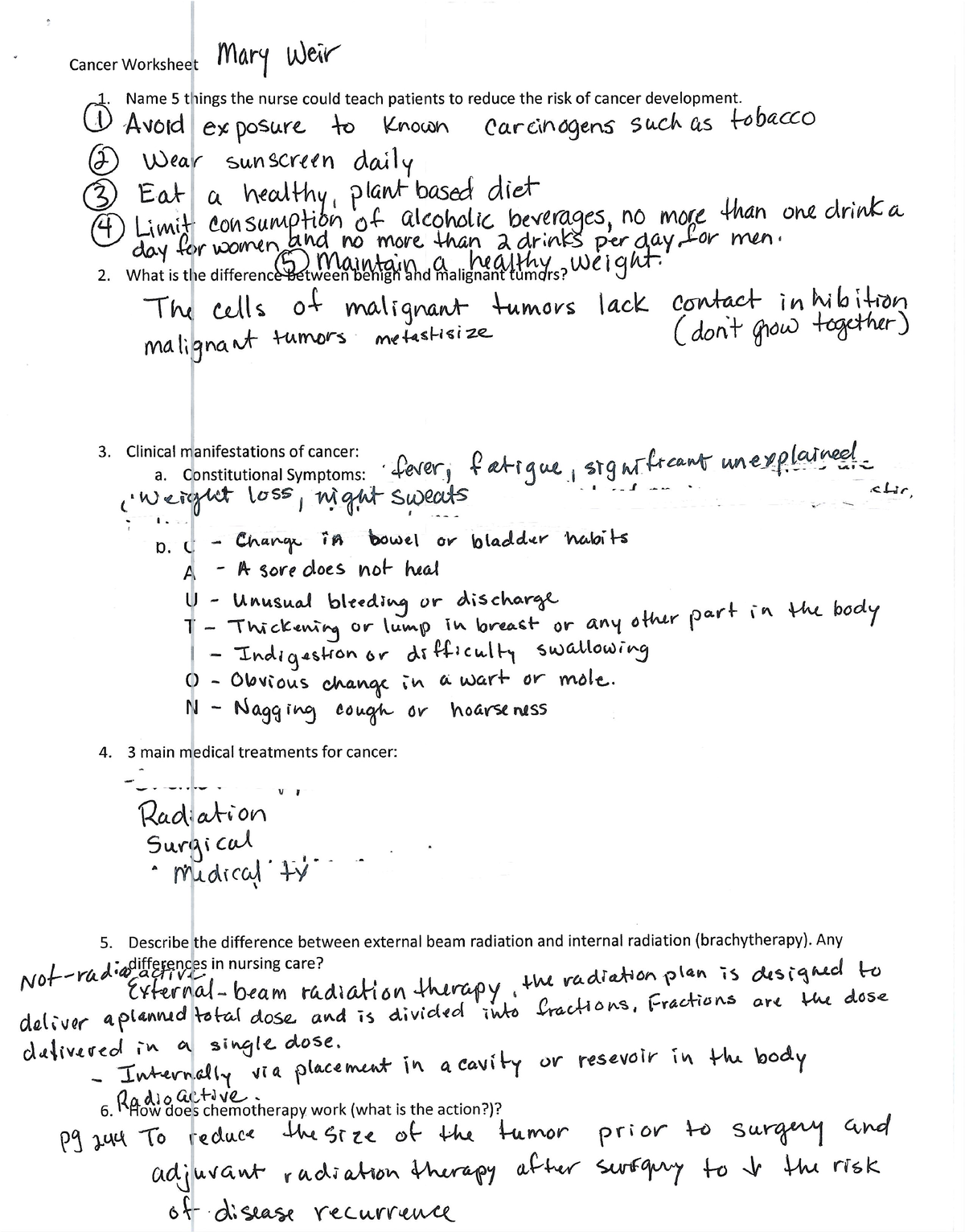 Cancer Worksheet Mary Weir - ADN 511 - Studocu