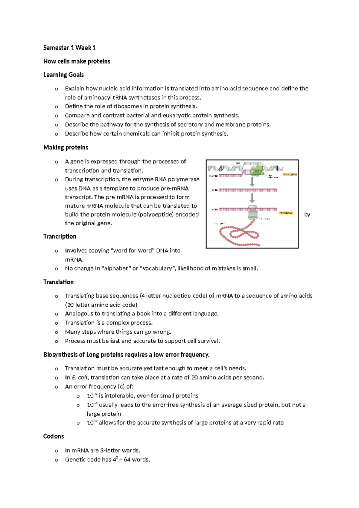 Bios5003 Semester 1 Week 1 Semester 1 Week 1 How Cells Make Proteins Learning Goals O Explain