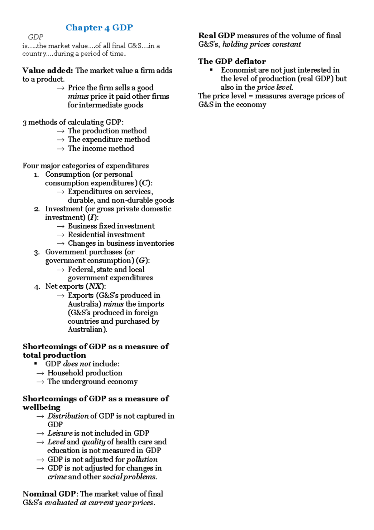 Macro notes sheet - Chapter 4 GDP GDP is.... market value... all final ...