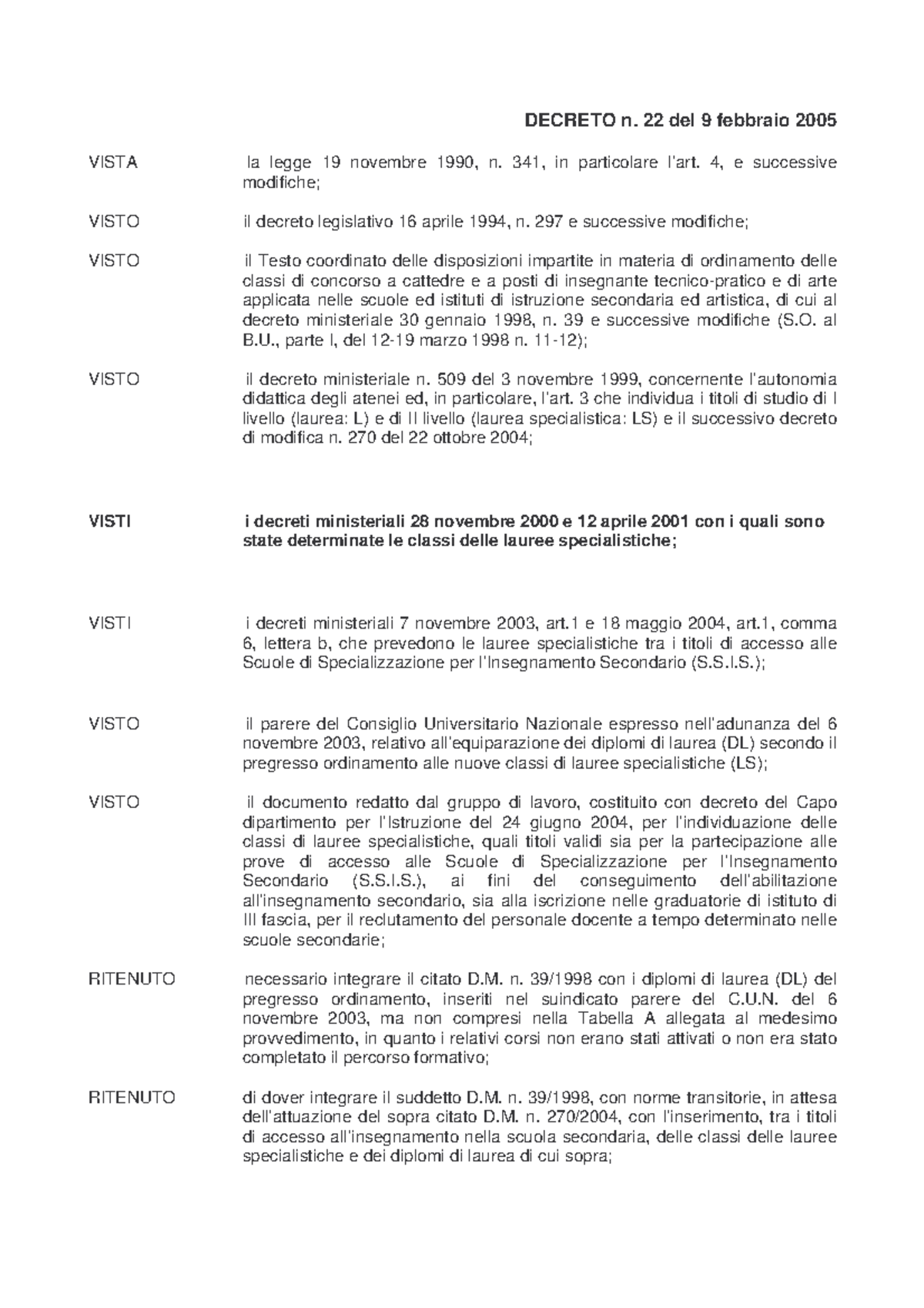 Decreto Ministeriale 22 Del 9 Febbraio 2005 Lauree Specialistiche Per L ...