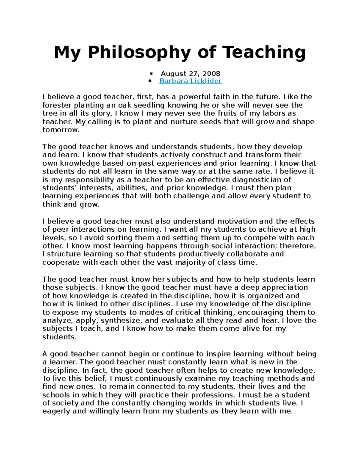 Philosophy - ccavjkavkdv - My Philosophy of Teaching August 27, 2008 ...