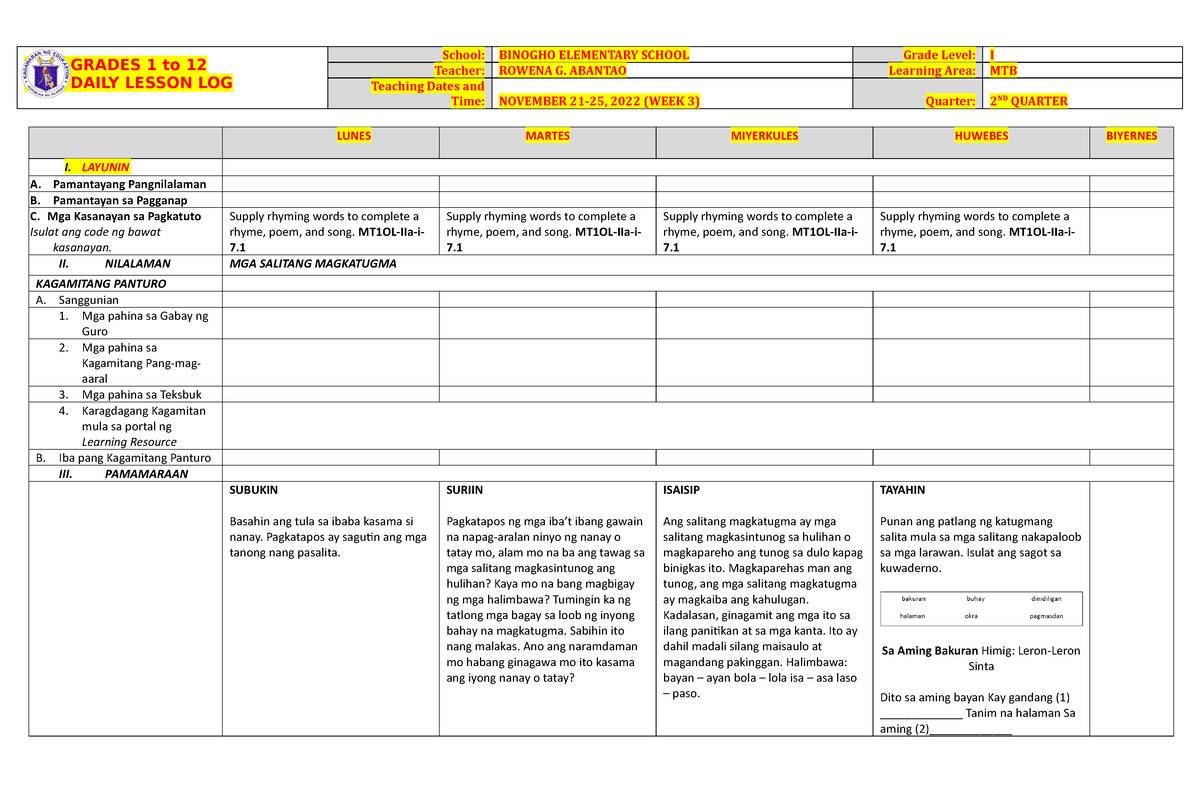 DLL MTB 1 Q2 W3 - Daily Lesson Log For Grade 1 - GRADES 1 To 12 DAILY ...