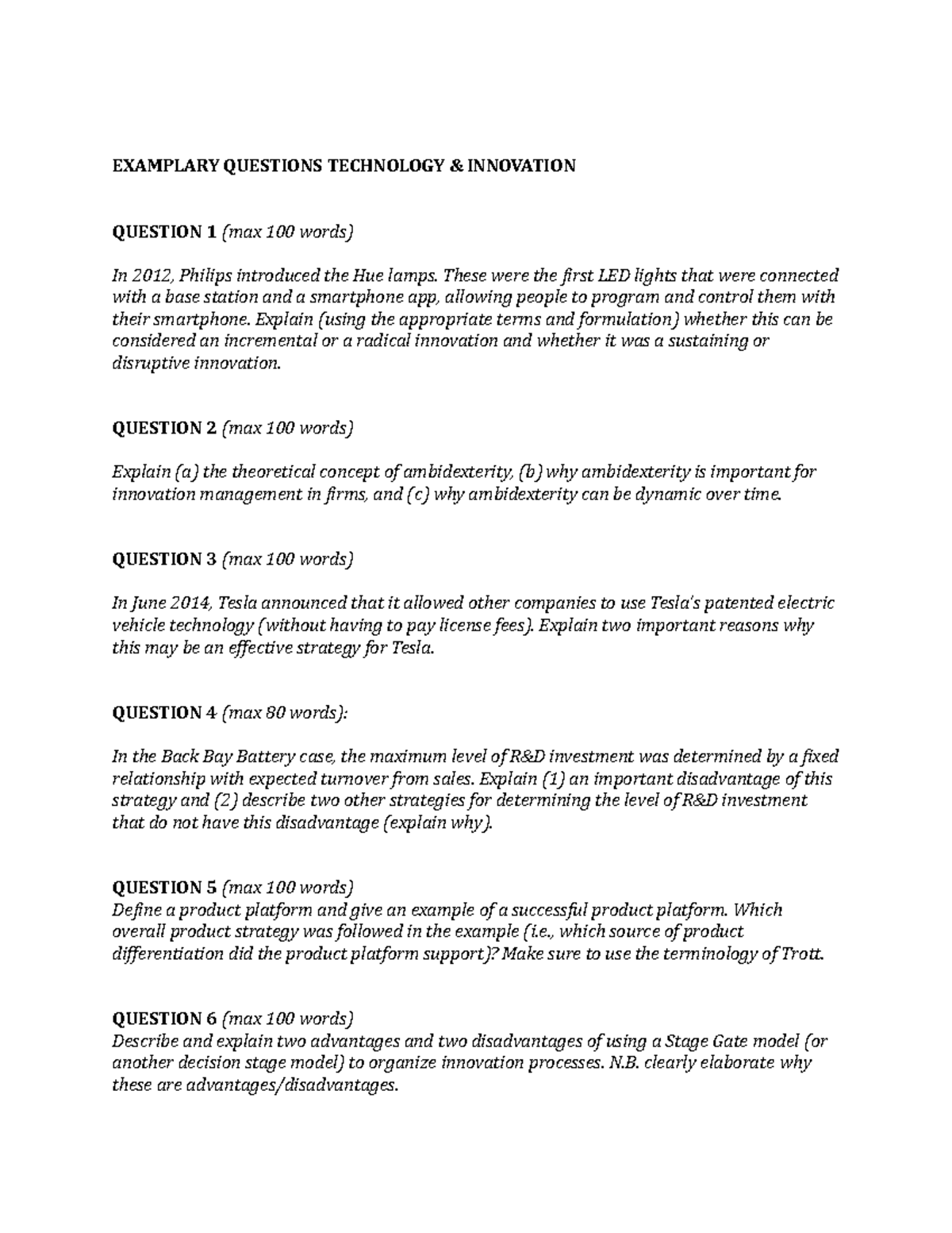 Sample/practice Exam 2015, Questions - EXAMPLARY QUESTIONS TECHNOLOGY ...