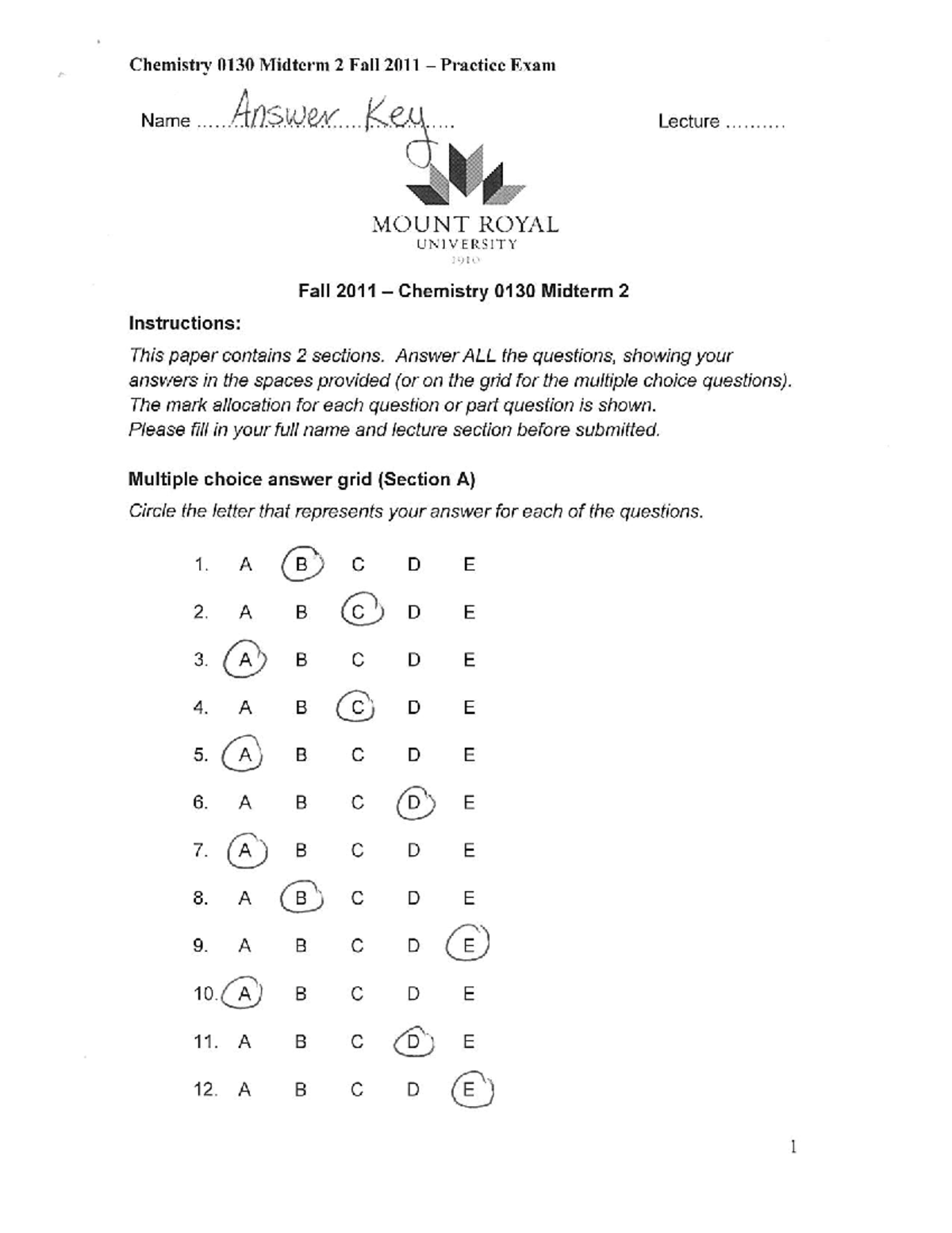 Sample/practice exam 2011, questions and answers - Midterm - Chemistry ...