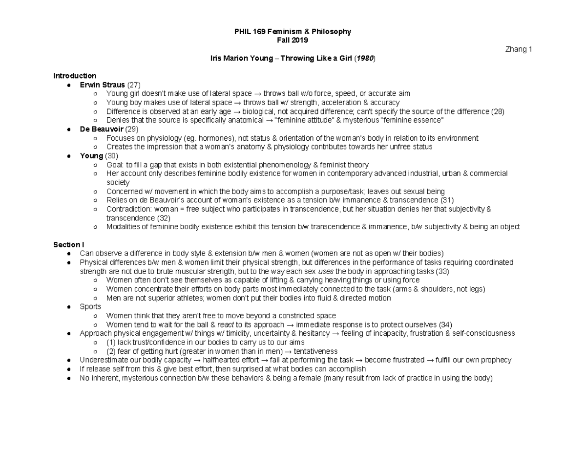 8. Iris Marion Young Throwing Like a Girl (1980) PHIL 169 Feminism