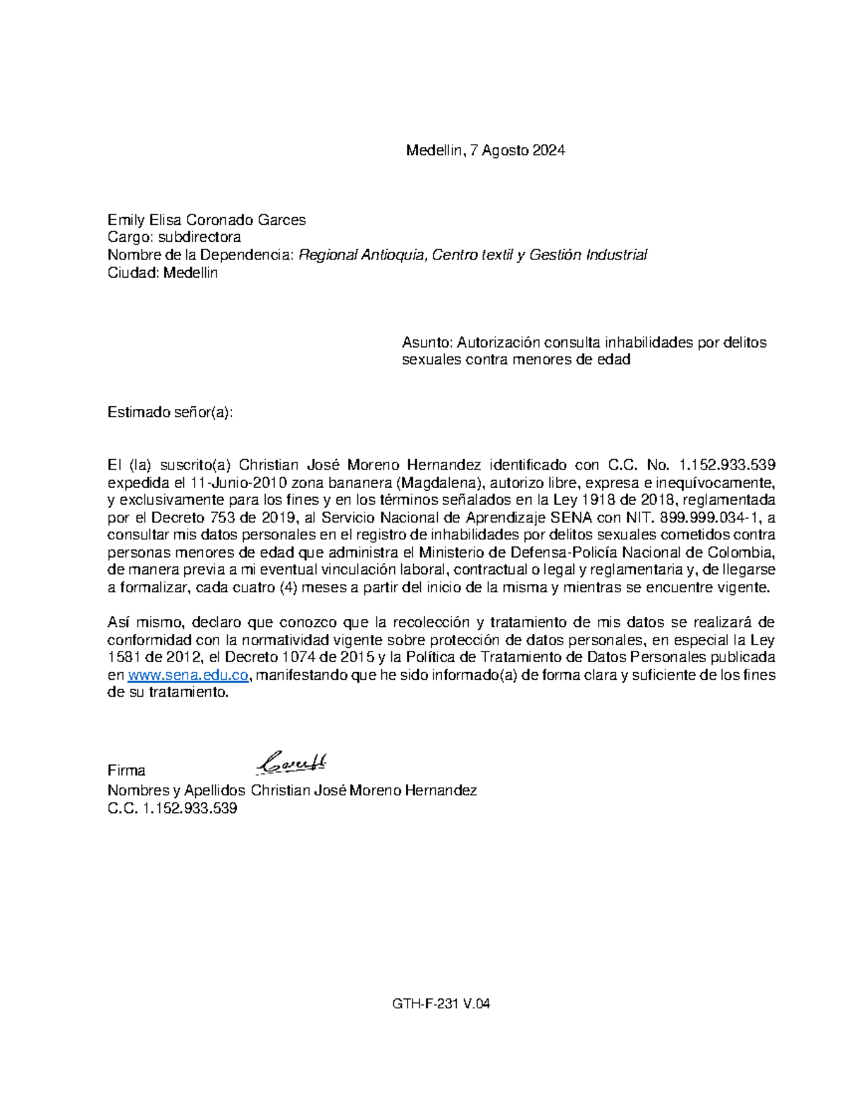 Gth F 231 V4 Formato Autorizacion Consulta Inhabilidades Delitos Sexuales 23 Medellin 7 1773