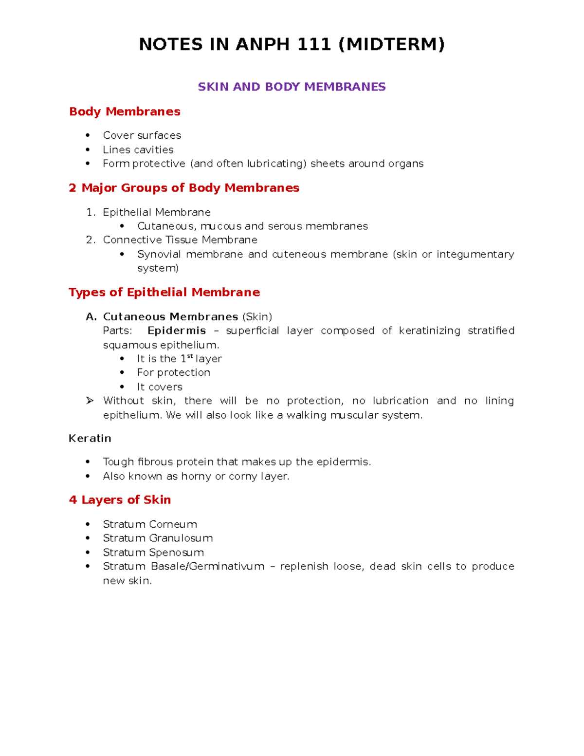 Anaphy Notes (Midterm) - NOTES IN ANPH 111 (MIDTERM) SKIN AND BODY ...