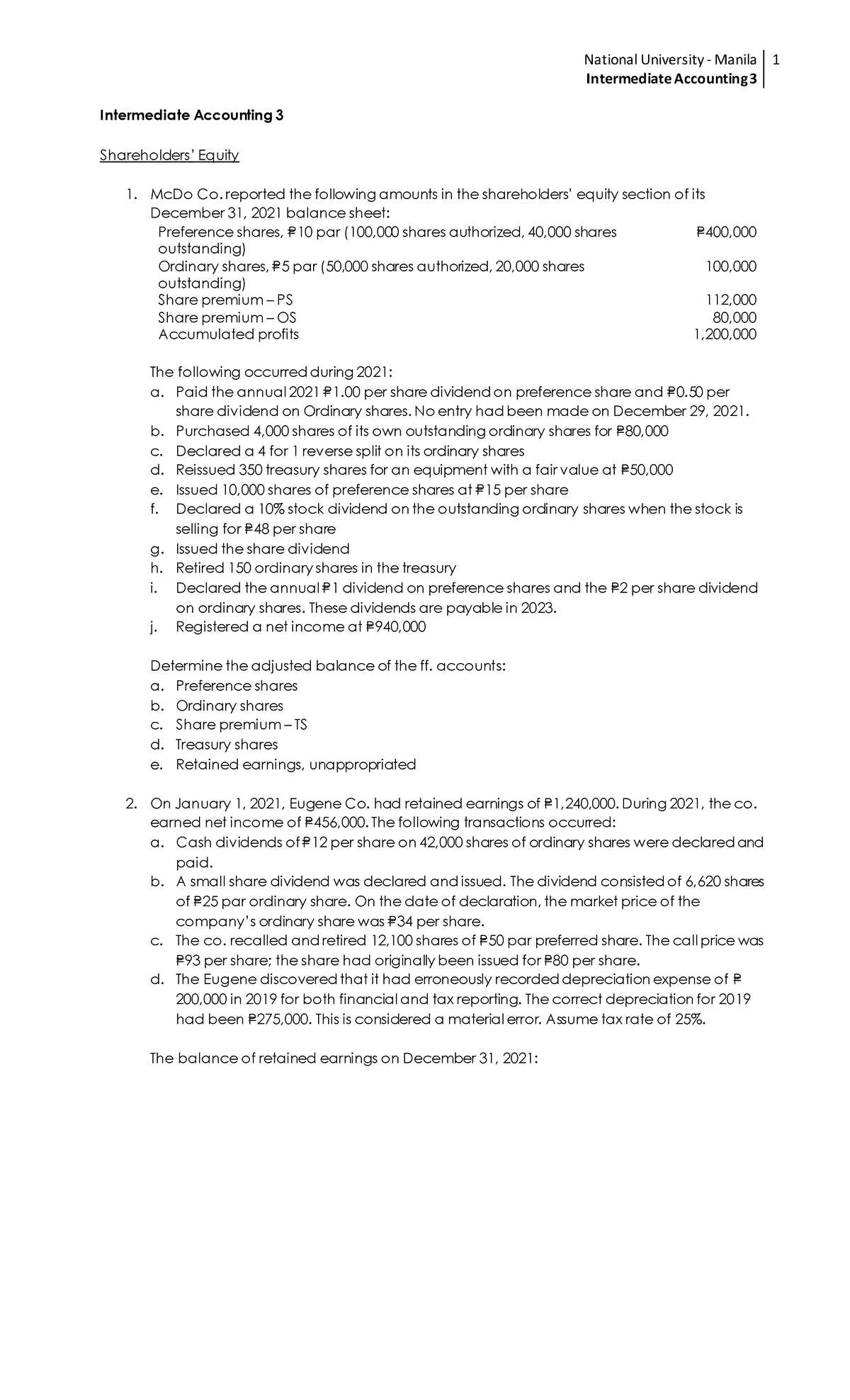 Shareholders Equity And Share-based Transactions - Exercises - National ...