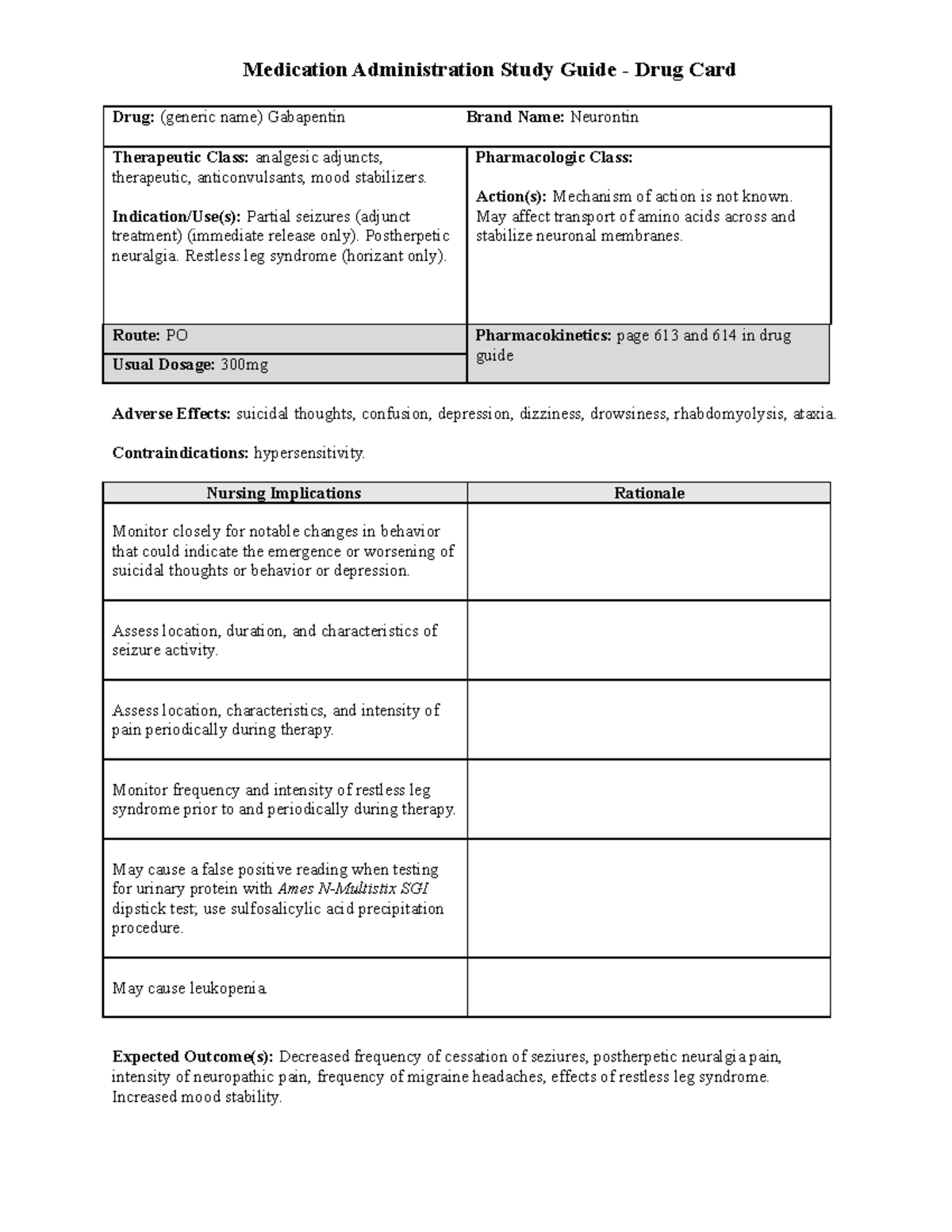 Gabapentin - Study Sheet - Medication Administration Study Guide - Drug ...