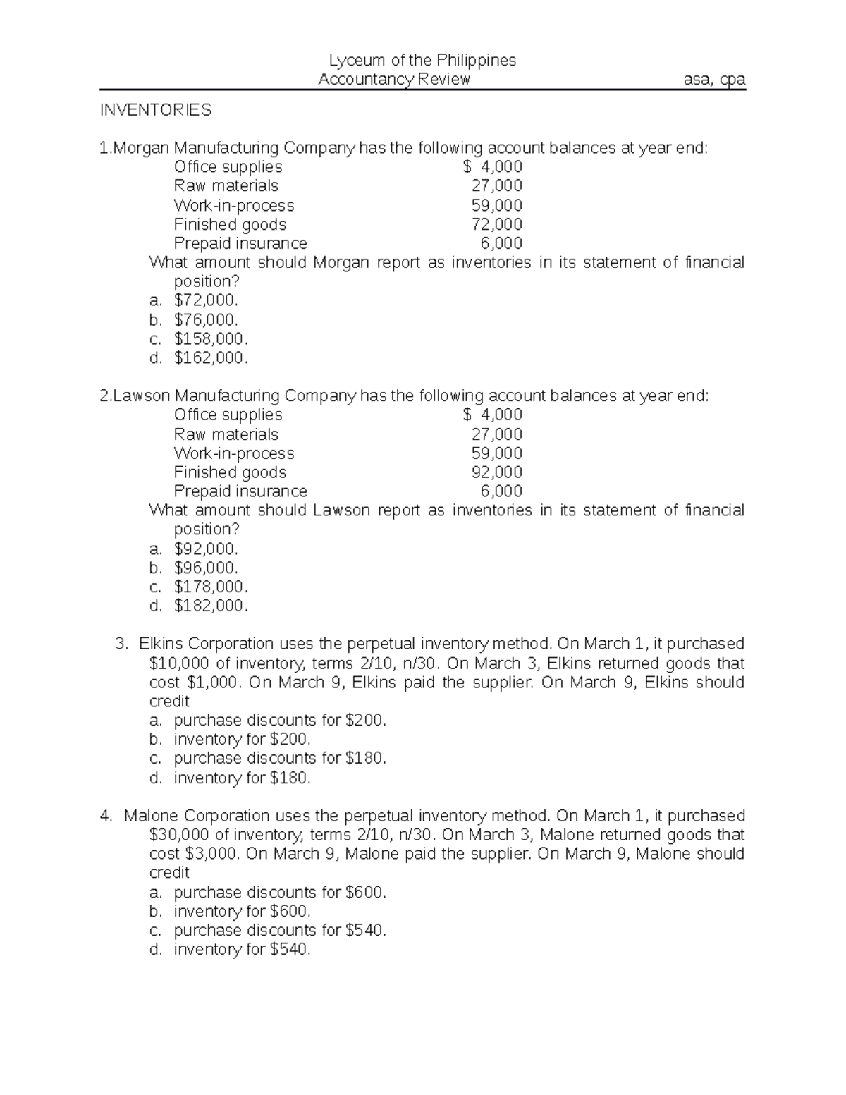 PA1 LPU Review Inventory PA1 LPU Review Inventory - Accountancy Review ...