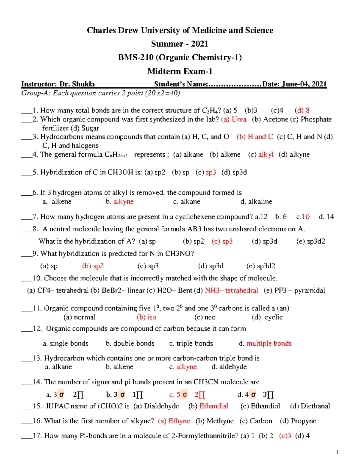 Midterm Exam1Answerkey Chemistry I only) 1 Charles Drew