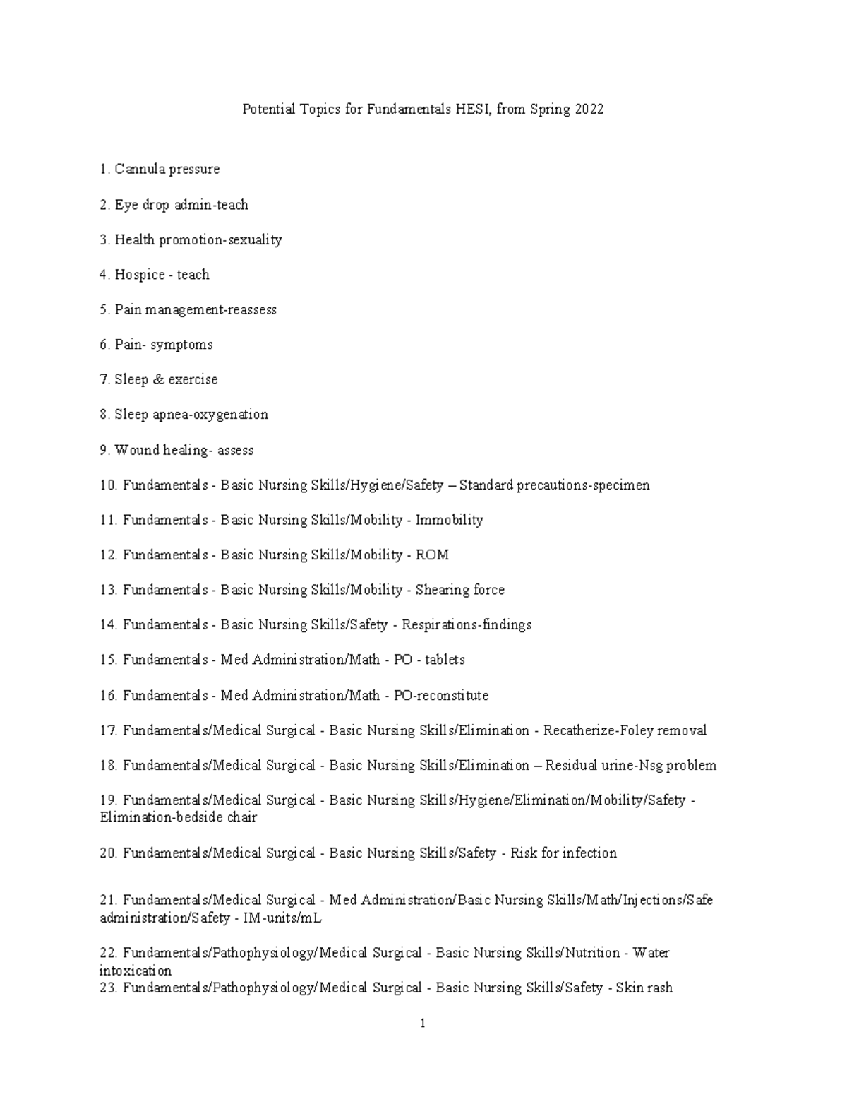 Potential Topics for Fundamentals HESI, from Spring 2022 - Cannula ...