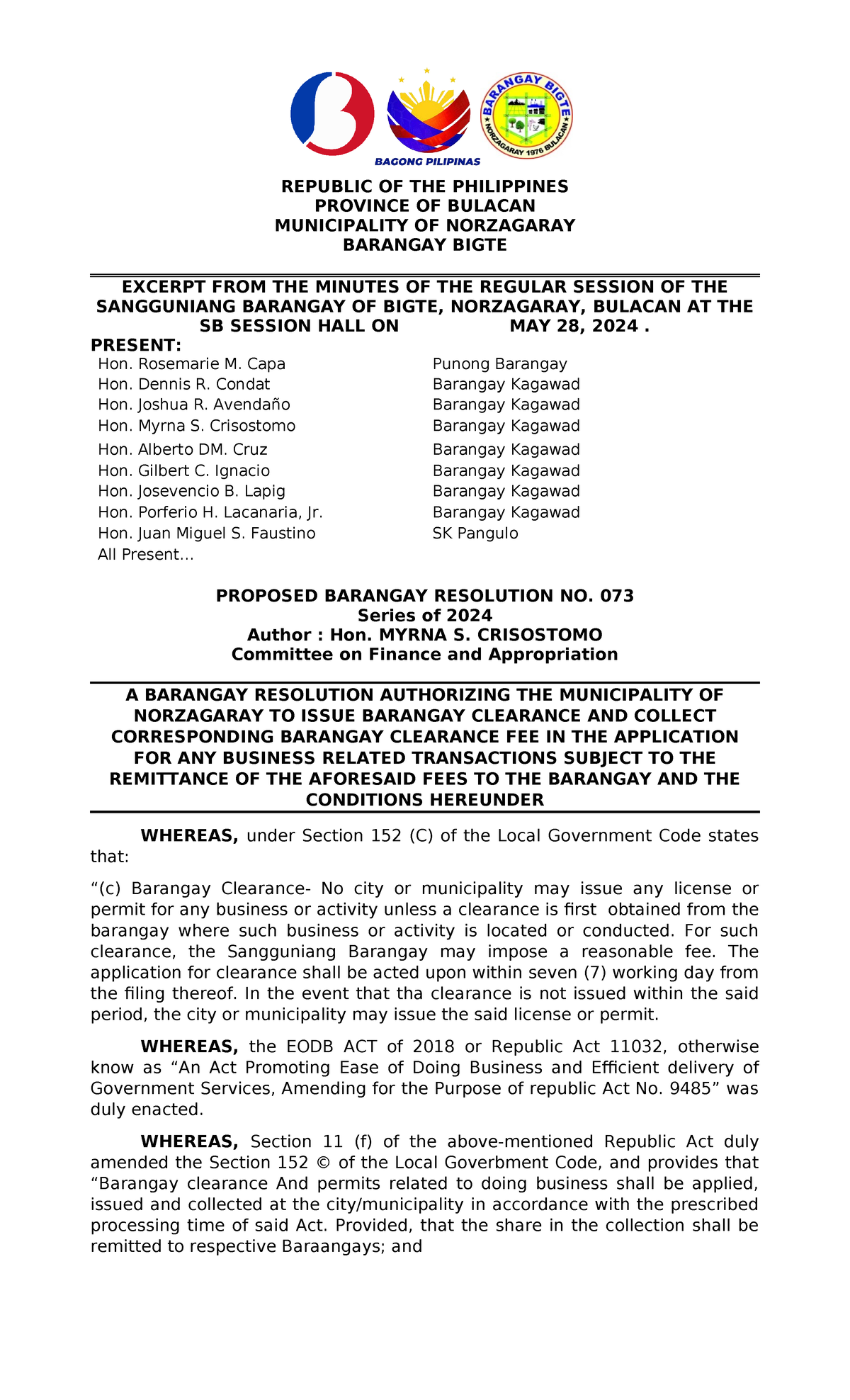 Reso 2024-073 brgy clearance authorizing municipal treas - REPUBLIC OF ...