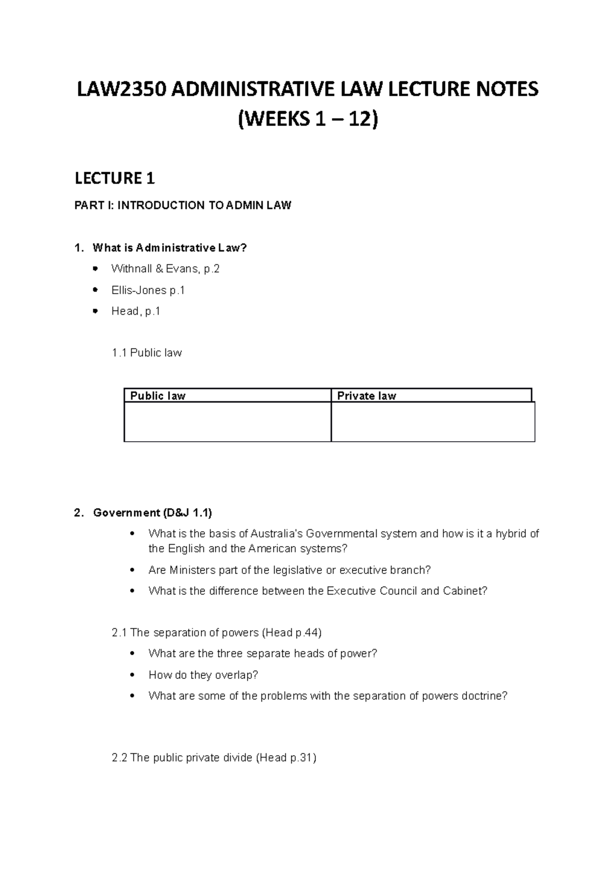 LAW2350 Administrative LAW Lecture Notes ( Weeks 1 – 12) - LAW2350 ...