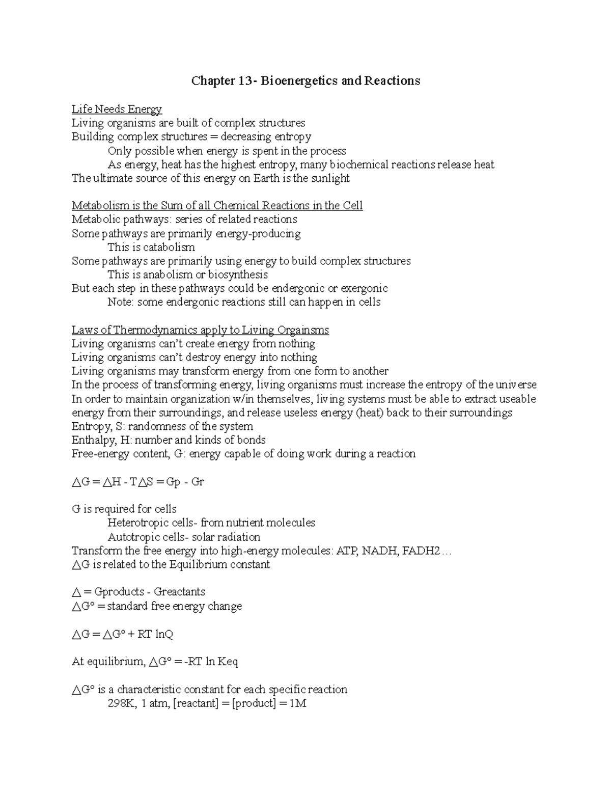 BSC 450 Chapter 13 - Lecture notes 13 - Chapter Bioenergetics and ...