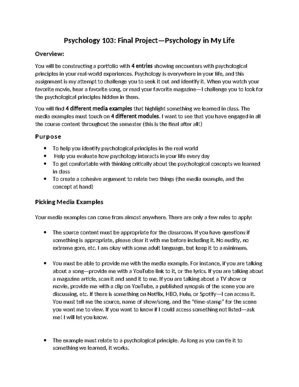 Psych In My Life Final Assignment Psychology 103 Final Project