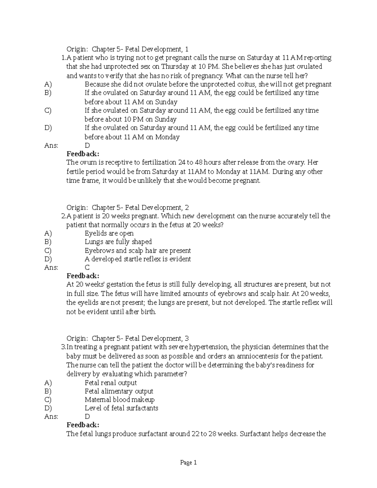 Chapter 5 quiz - Test - Origin: Chapter 5- Fetal Development, 1 1 ...