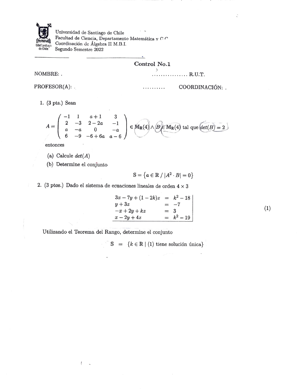 Álgebra II Control 1 2022-2 Enunciado - JI ~ ####### UrleSanlfa~o ...