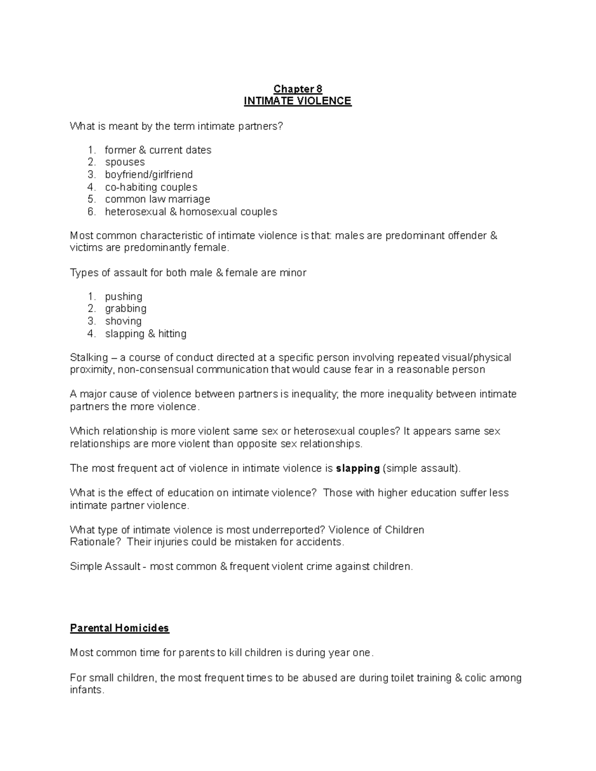 CCJ Chapter 7, 8, and 9 Notes Part 2 - Chapter 8 INTIMATE VIOLENCE What ...