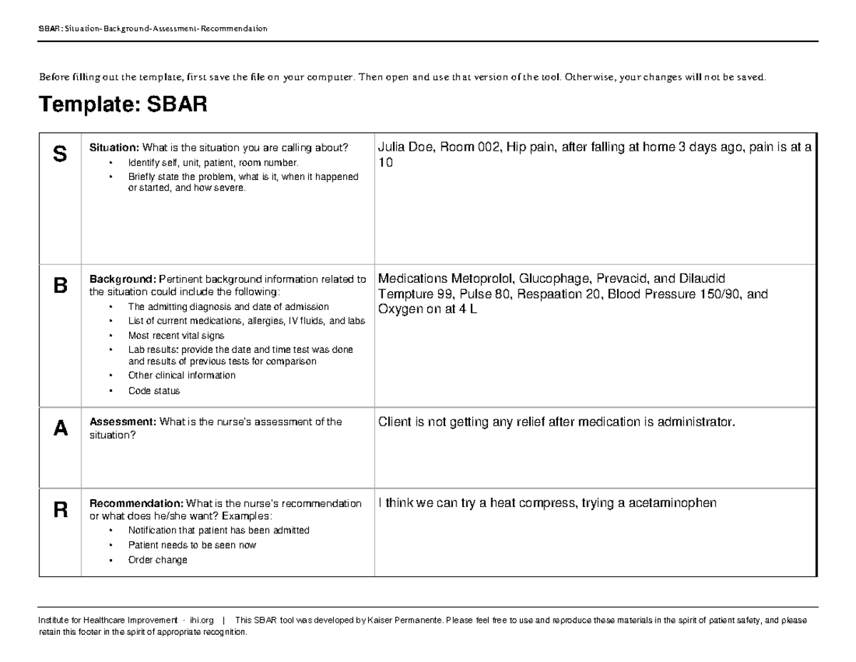 Avtivity 4 SBAR - How to do a SBAR - SBAR: Situation-Backgrou n d ...