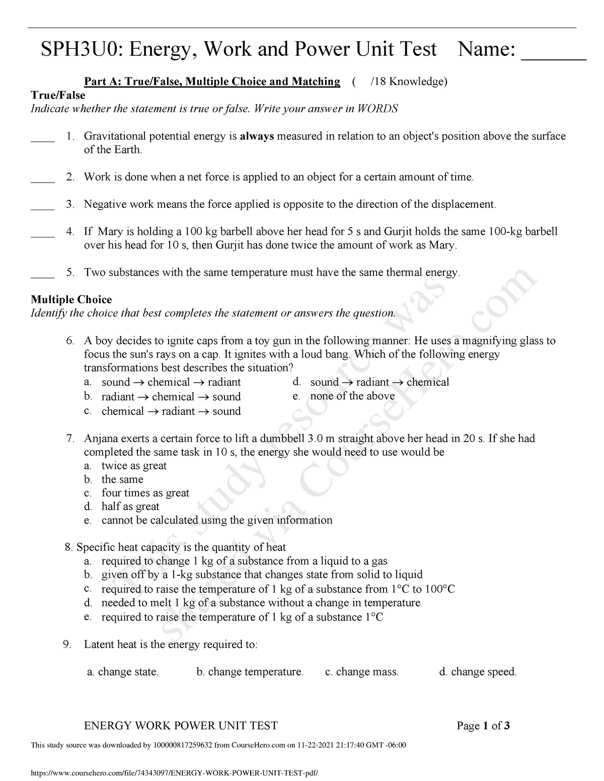 Energy WORK Power UNIT TEST Power Test Biology Corporate Studocu