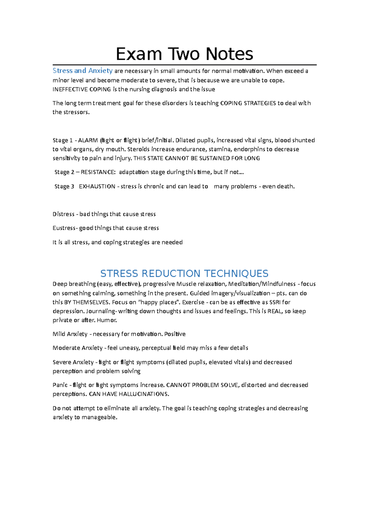 MH Exam 2 Review Exam Two Notes Stress and Anxiety are necessary in