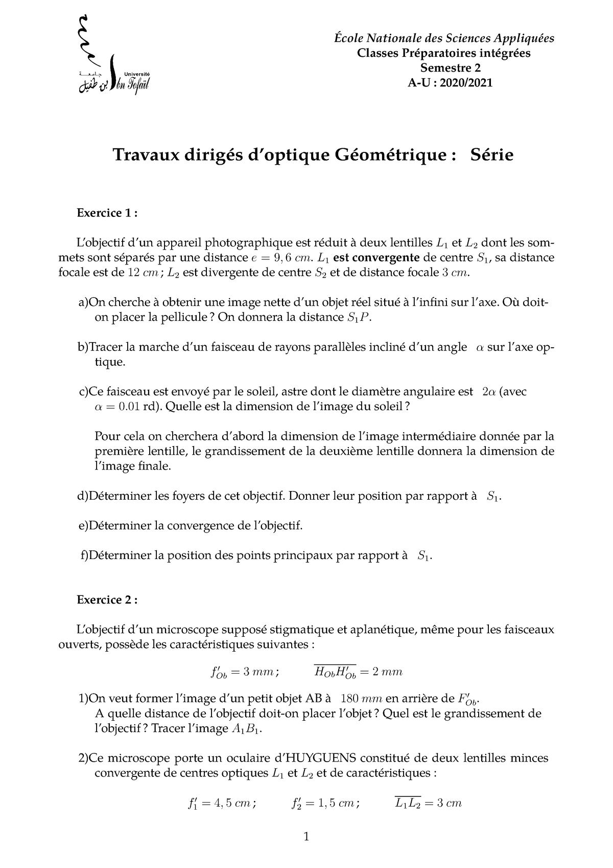 Travaux Dirigés D’optique Géométrique - École Nationale Des Sciences ...