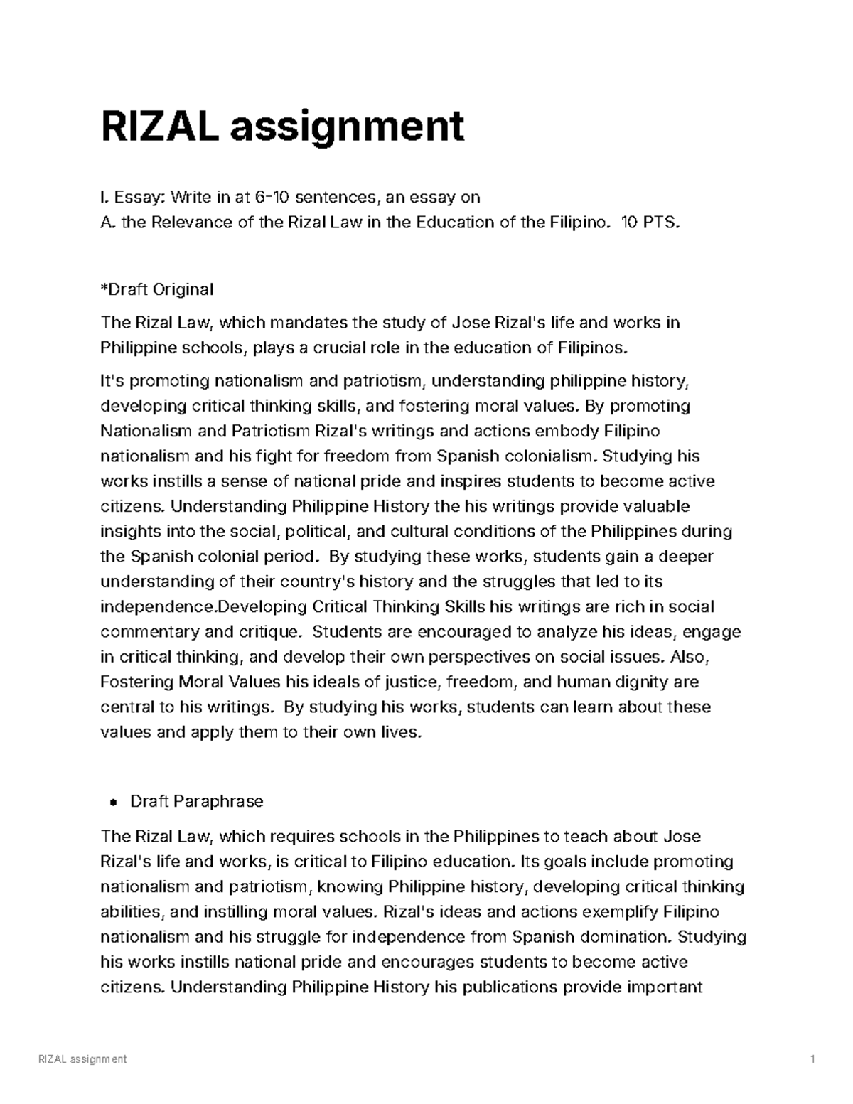 Rizal assignment.... - RIZAL assignment I. Essay: Write in at 6 10 ...