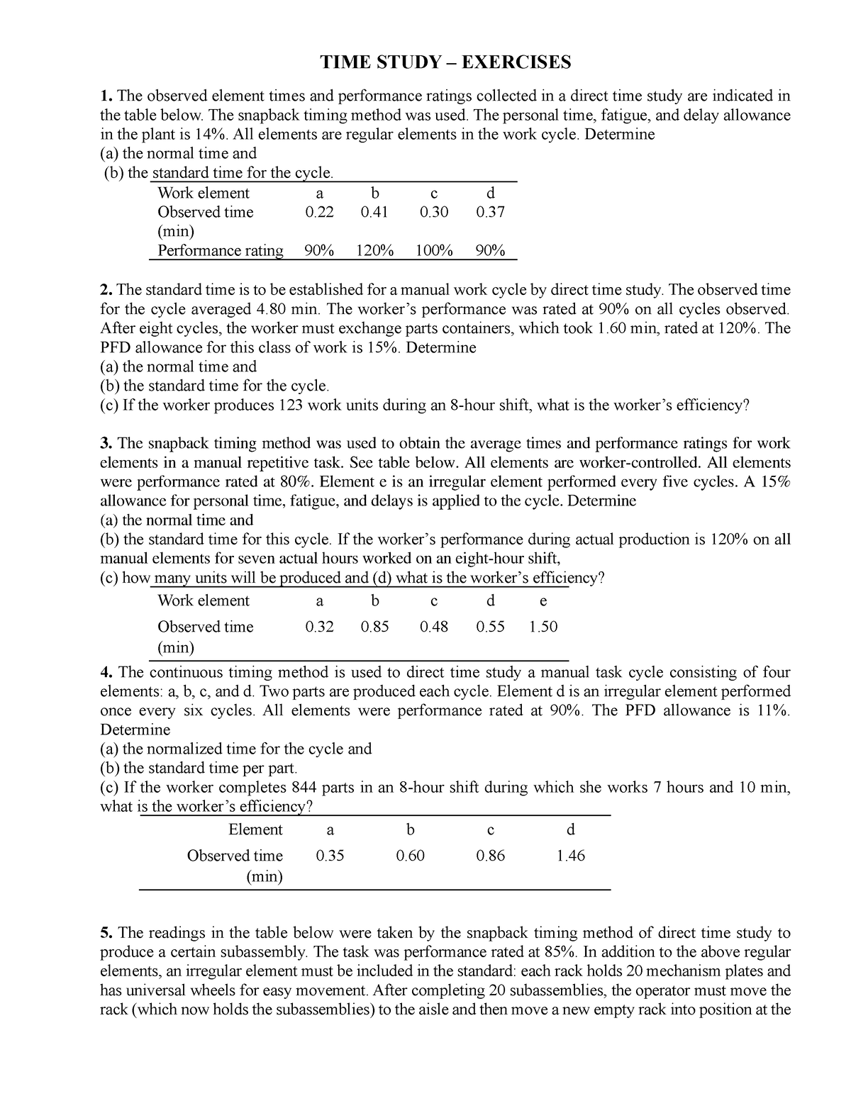 Time study-Exercises -7 - TIME STUDY – EXERCISES The observed element ...