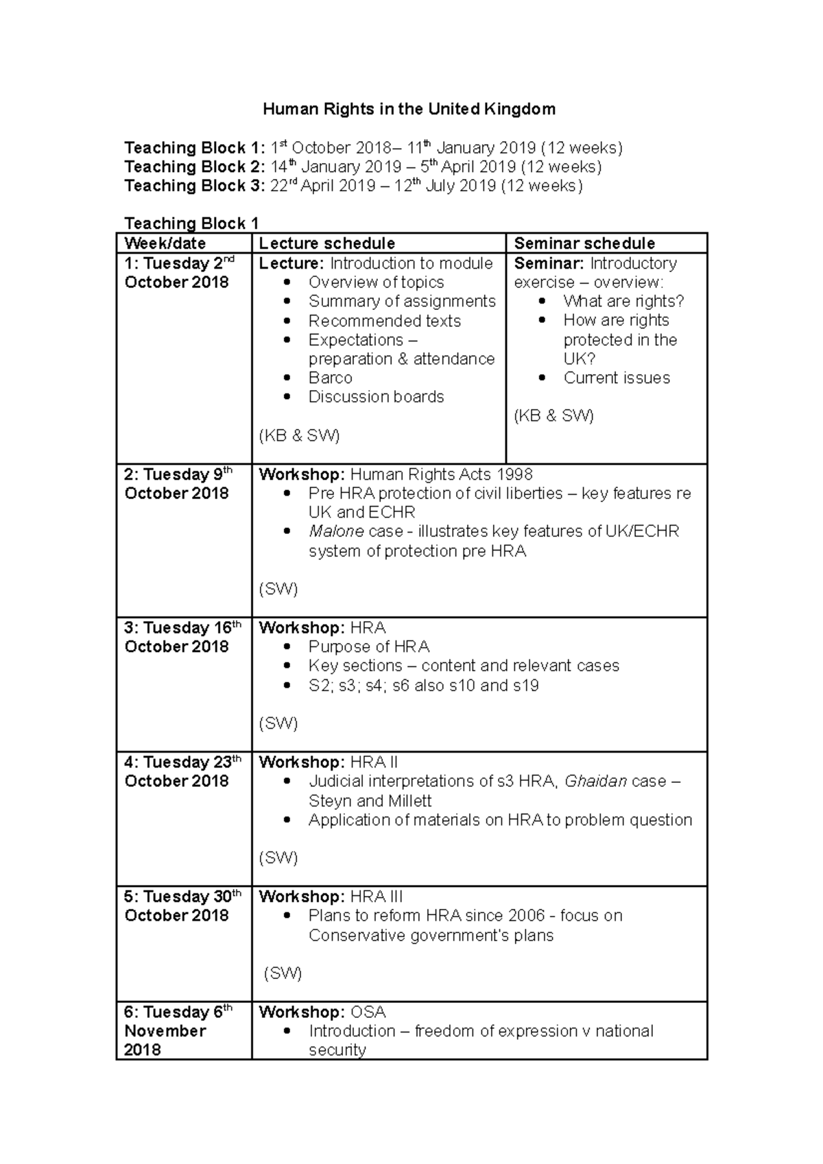 teaching assessment - Human Rights in the United Kingdom Teaching Block ...
