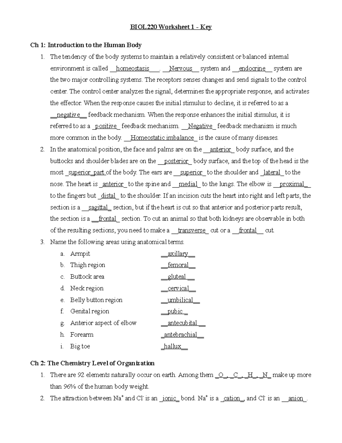 BIOL220 Worksheet 1 - Key b - The tendency of the body systems to ...