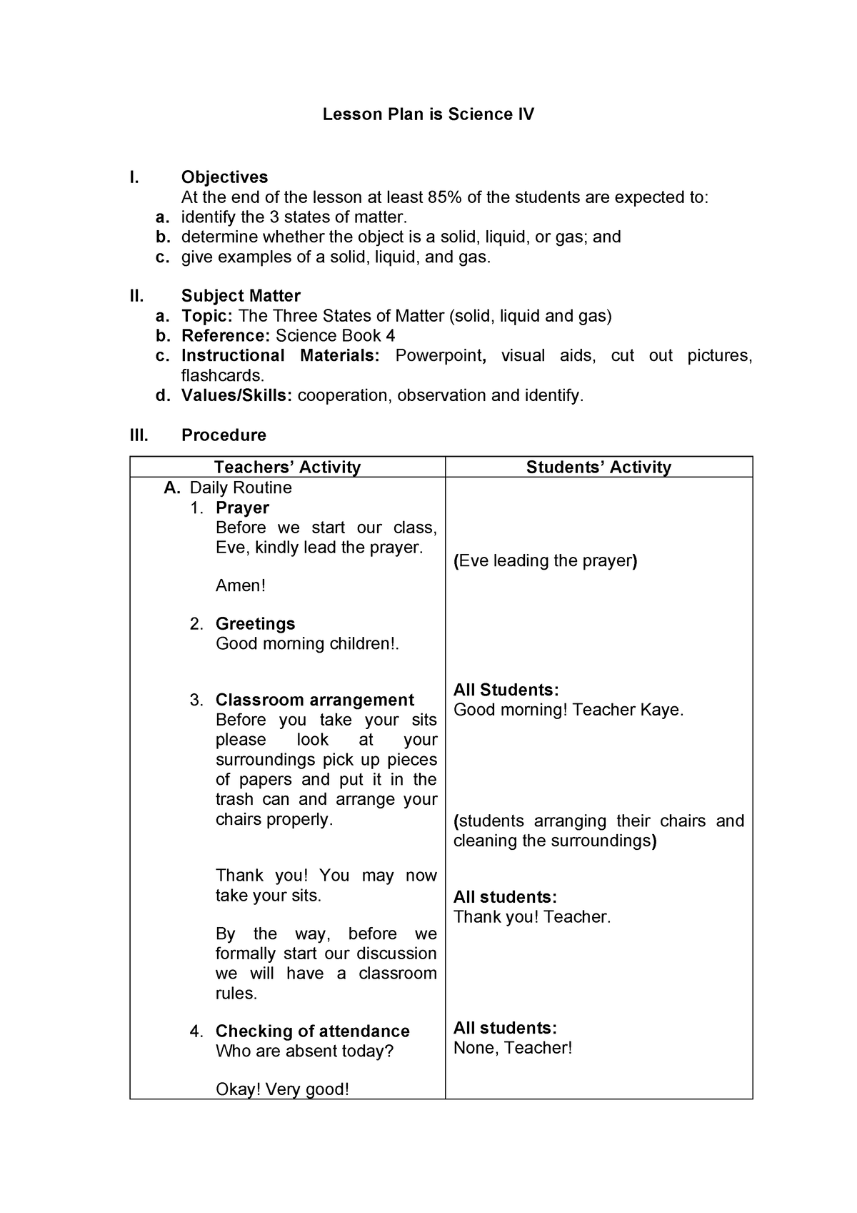 Detailed Lesson Plan is Science IV - Lesson Plan is Science IV I ...