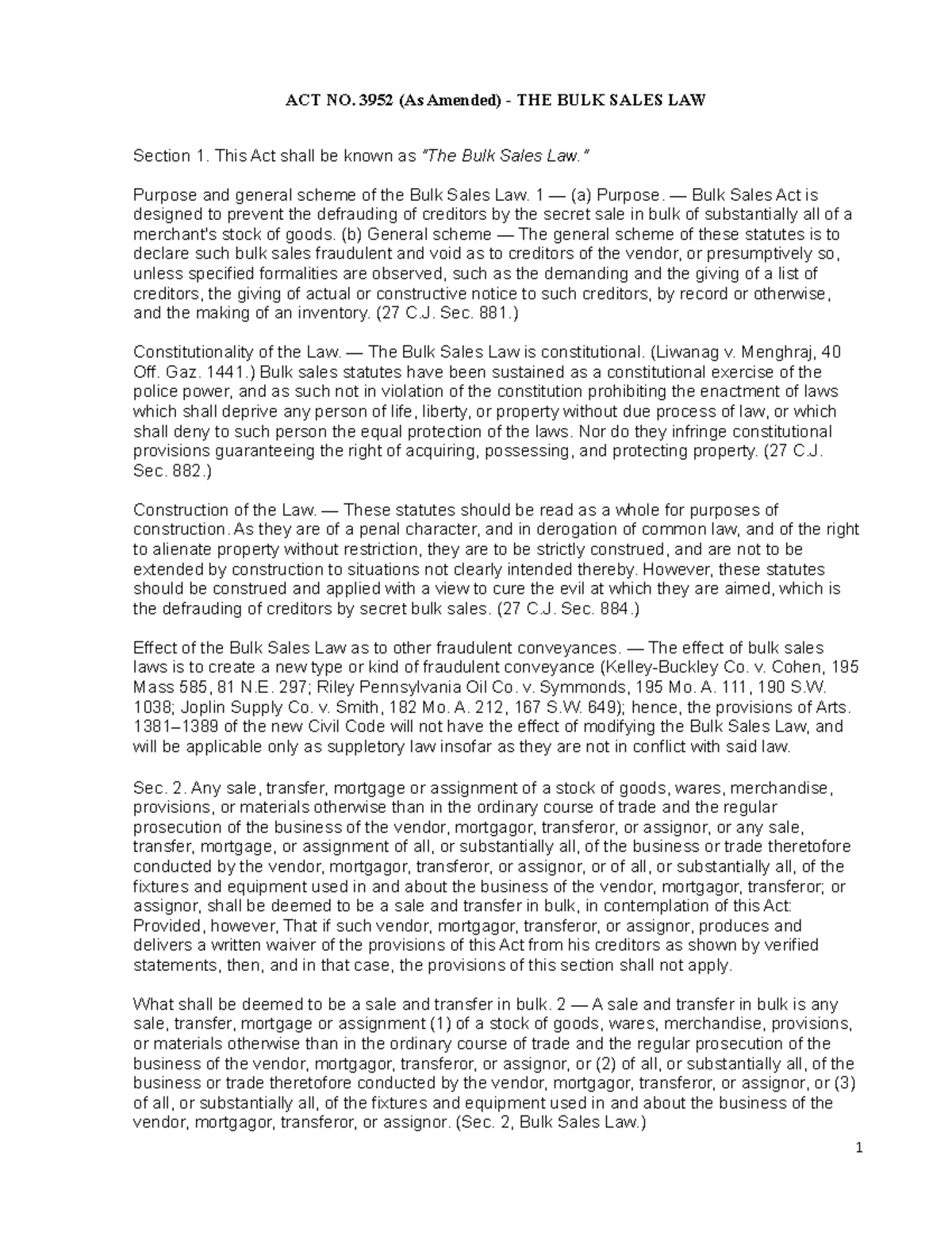 Bulk Sales law Act No. 3952 ACT NO. 3952 (As Amended) THE BULK