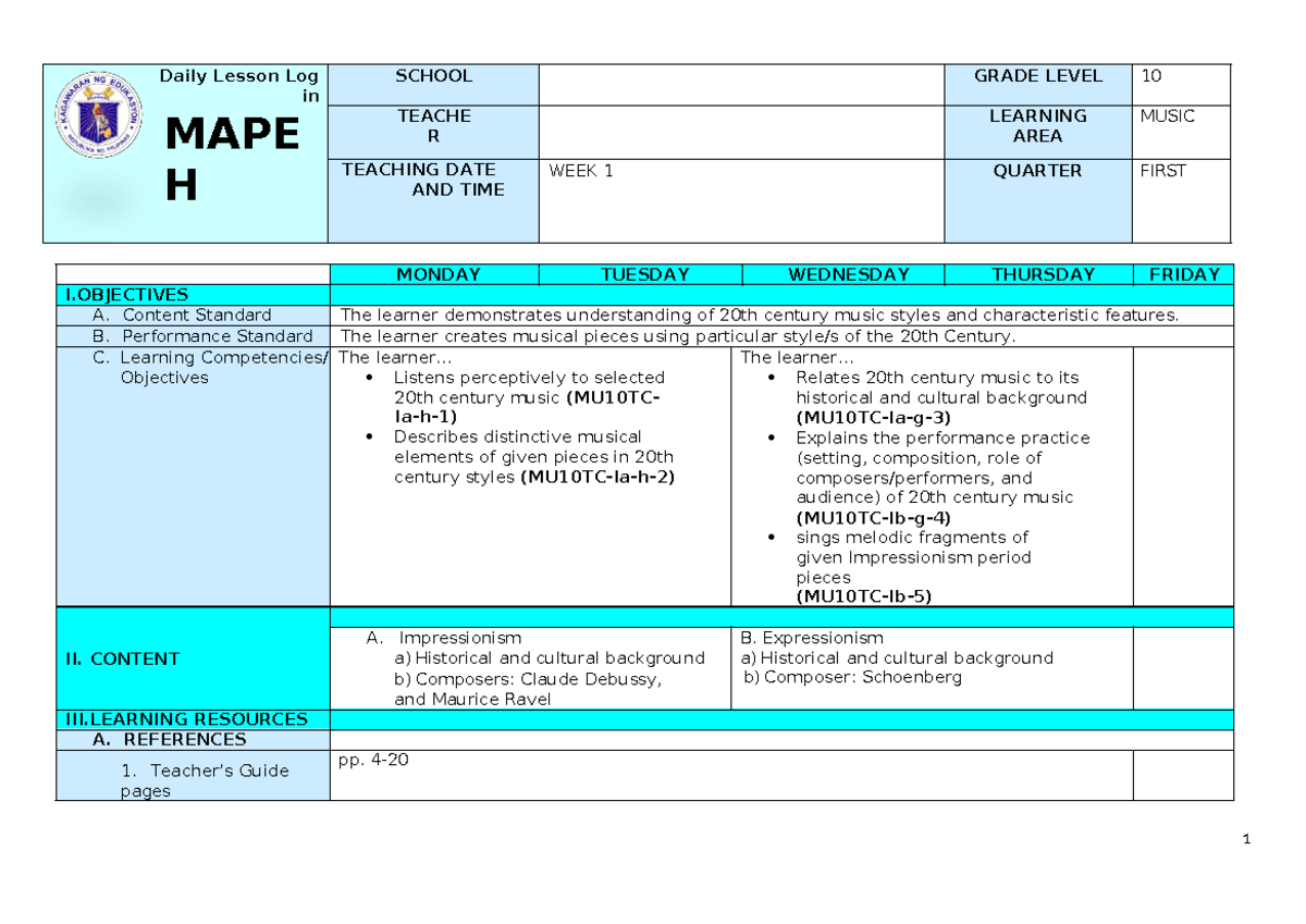 Q1 Grade 10 Music DLL Week 1 - Daily Lesson Log in MAPE H SCHOOL GRADE ...