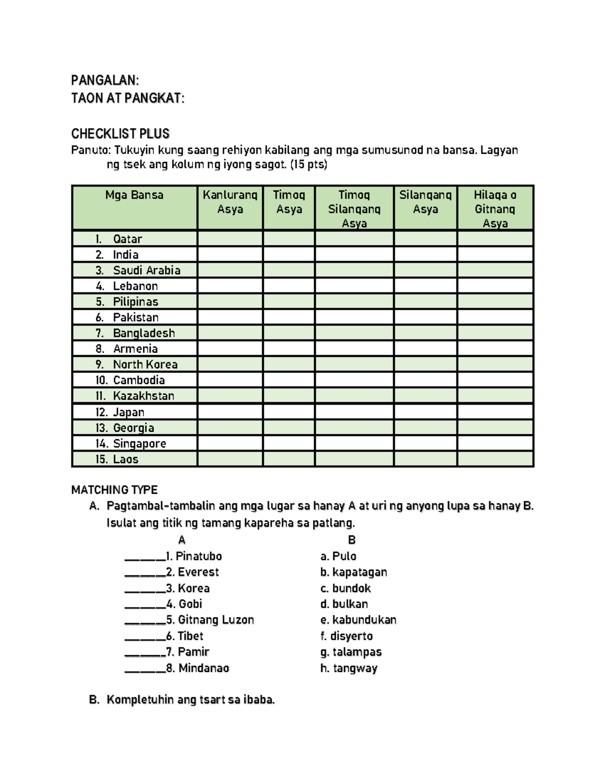 Activity #2 - AP 7 - PANGALAN: TAON AT PANGKAT: CHECKLIST PLUS Panuto ...