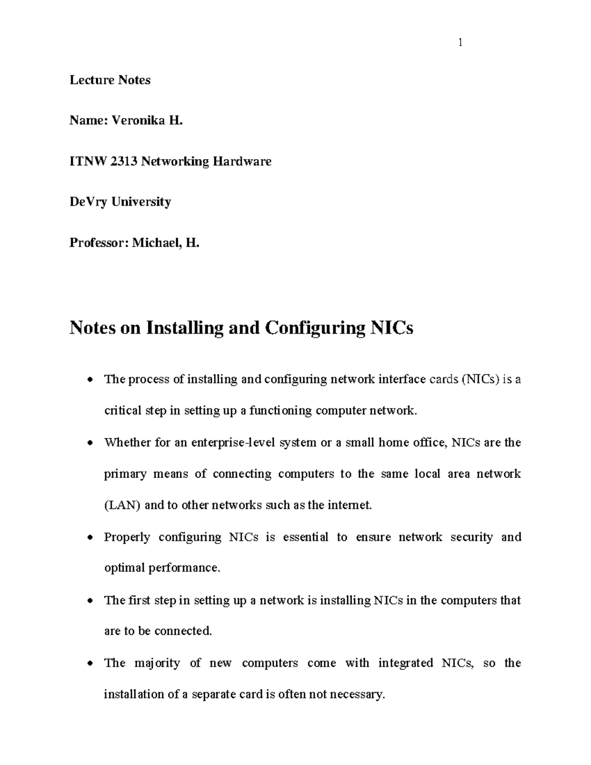 Notes on Installing and Configuring NICs - Lecture Notes Name: Veronika ...
