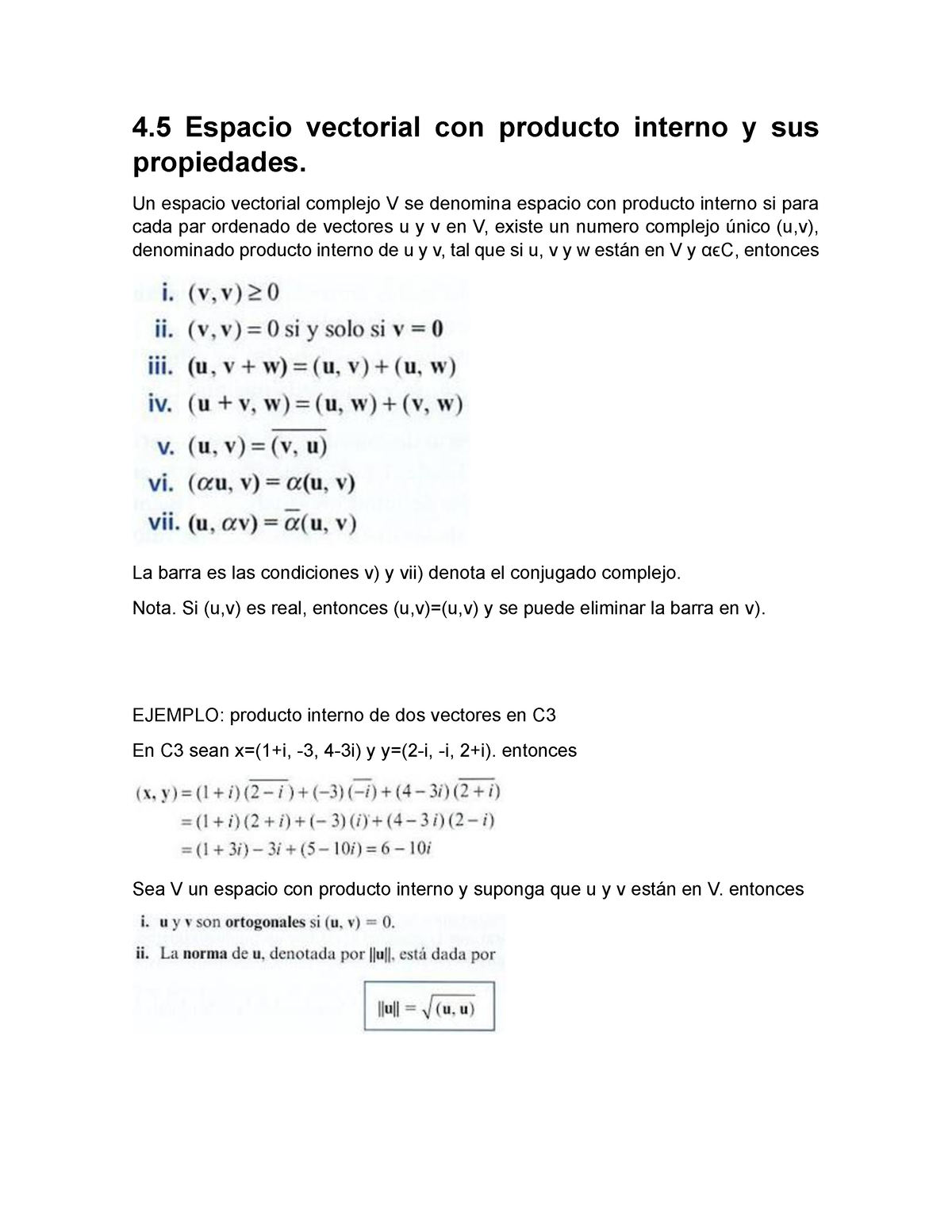 45 Espacio Vectorial Con Producto Interno Y Sus Propiedades Un Espacio Vectorial Complejo V 7231