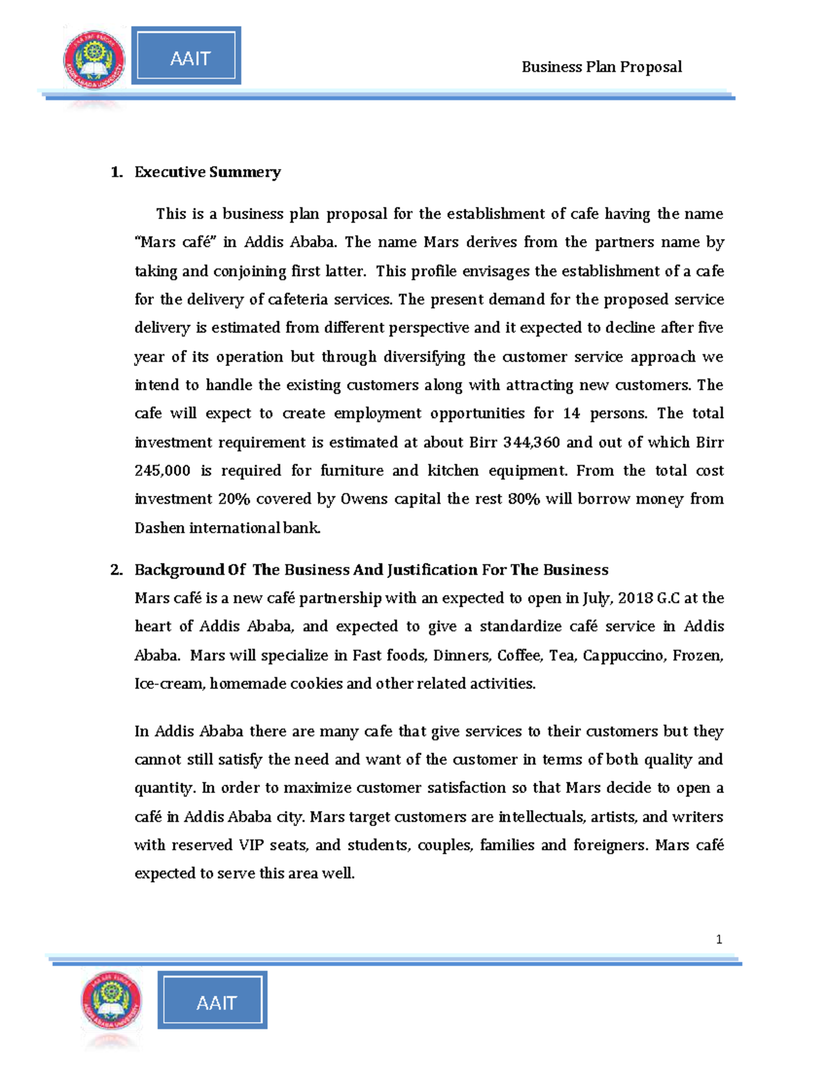 business plan proposal addis ababa university