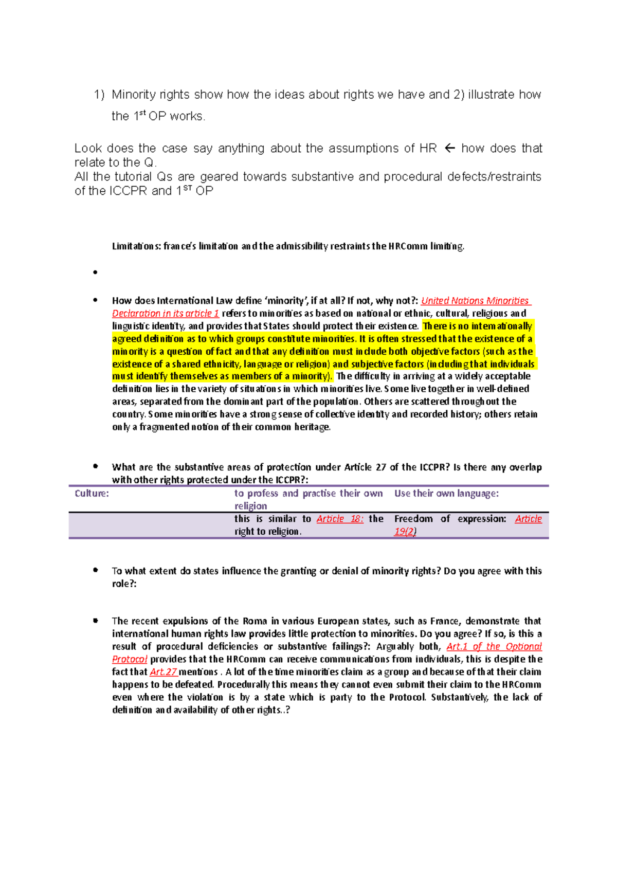 Tutorial work - 1 - Minorities - 1) Minority rights show how the ideas ...