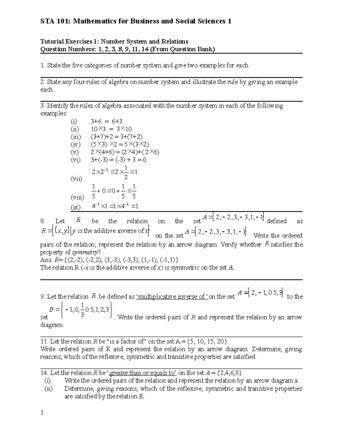 T 1-Ch 1 Number System-Question-STA 101 - STA 101: Mathematics for ...