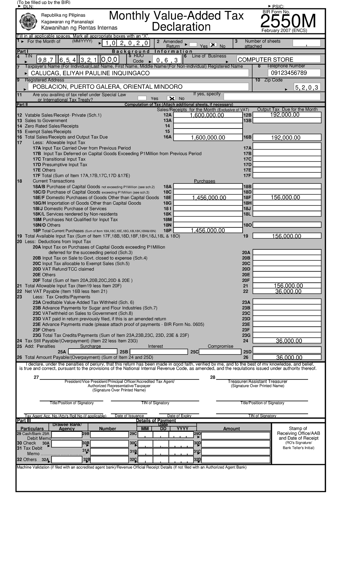 VAT October PART 1 - VAT - (To be filled up by the BIR) DLN: PSIC: Fill ...