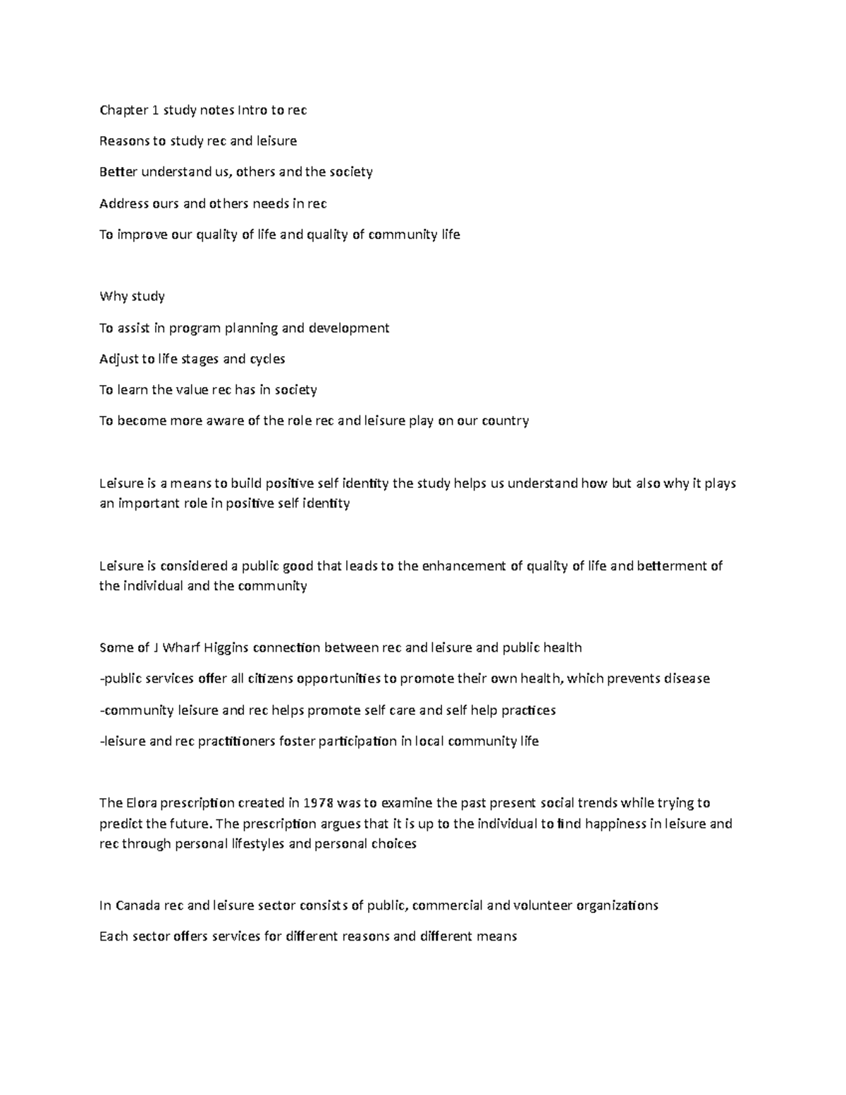 Week 1 study notes - understanding what recreation is - Chapter 1 study ...