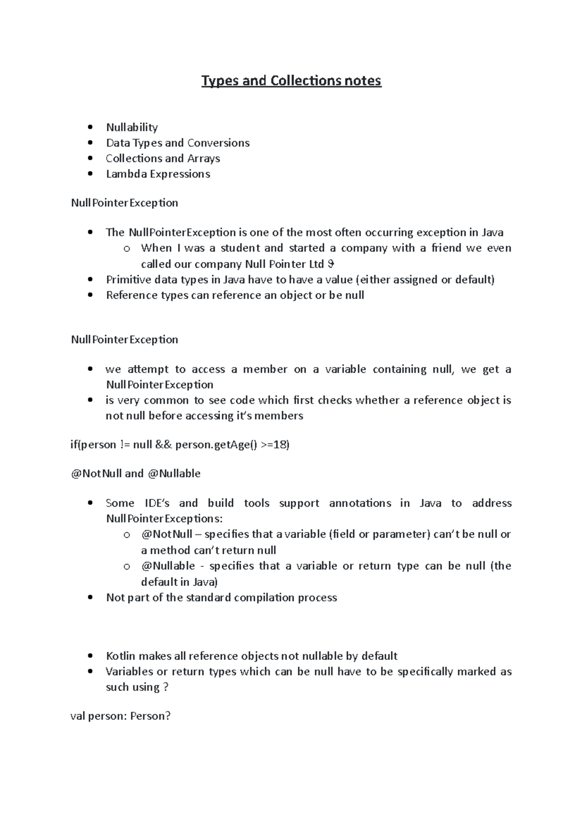 Types and Collections notes - COMP1753 - GRE - Studocu