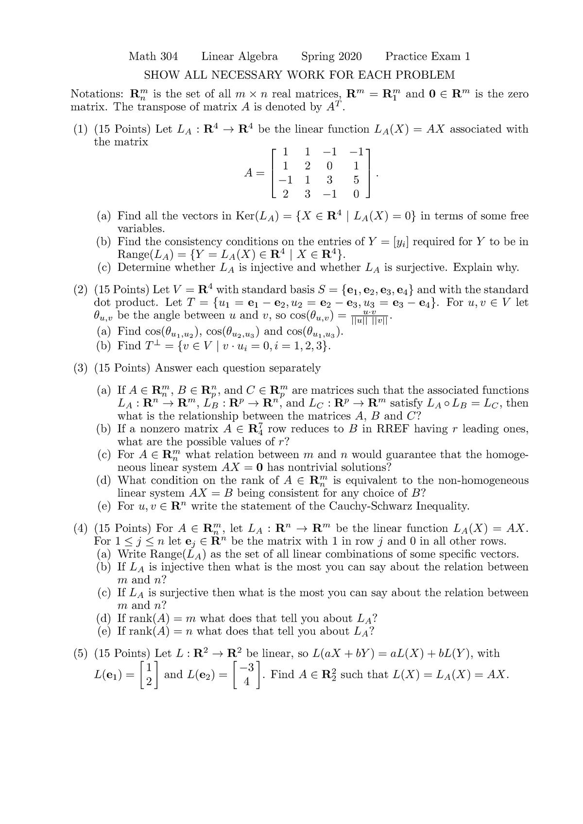 Math304 Practice Exams - Math 304 Linear Algebra Spring 2020 Practice ...