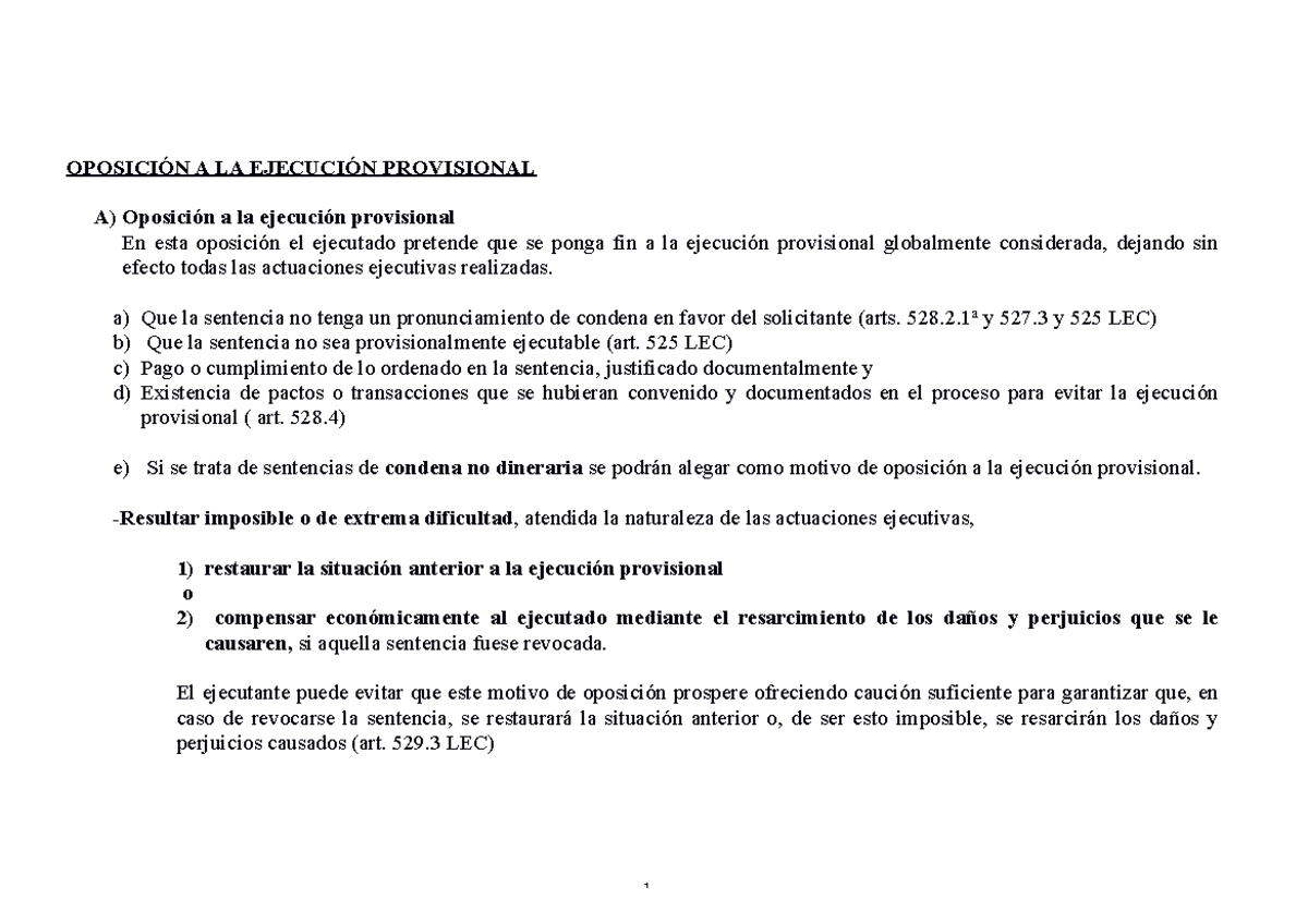Lección 6 civil. OposicióN A LA EjecucióN Provisional - OPOSICIÓN A LA ...