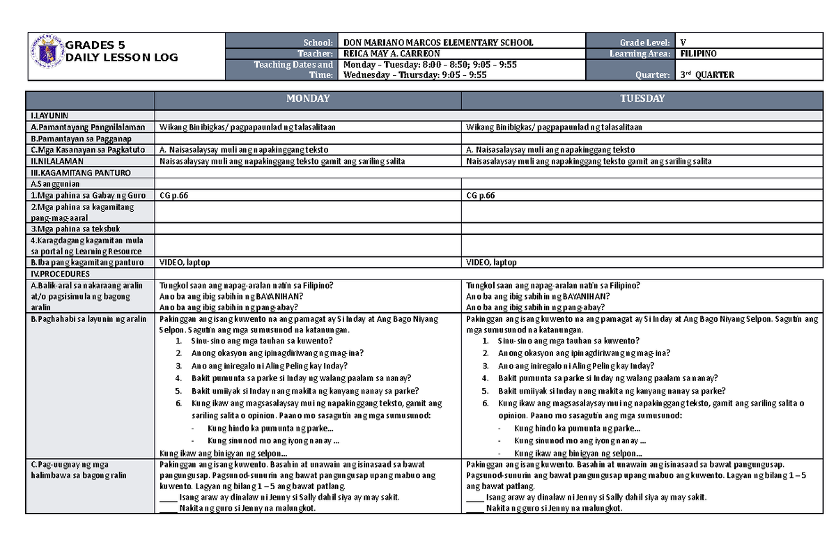 DLL Filipino 5 Q3 W1 - GRADES 5 DAILY LESSON LOG School: DON MARIANO ...